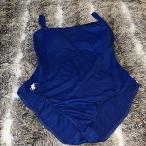 Blue scoop back one piece bathing suit